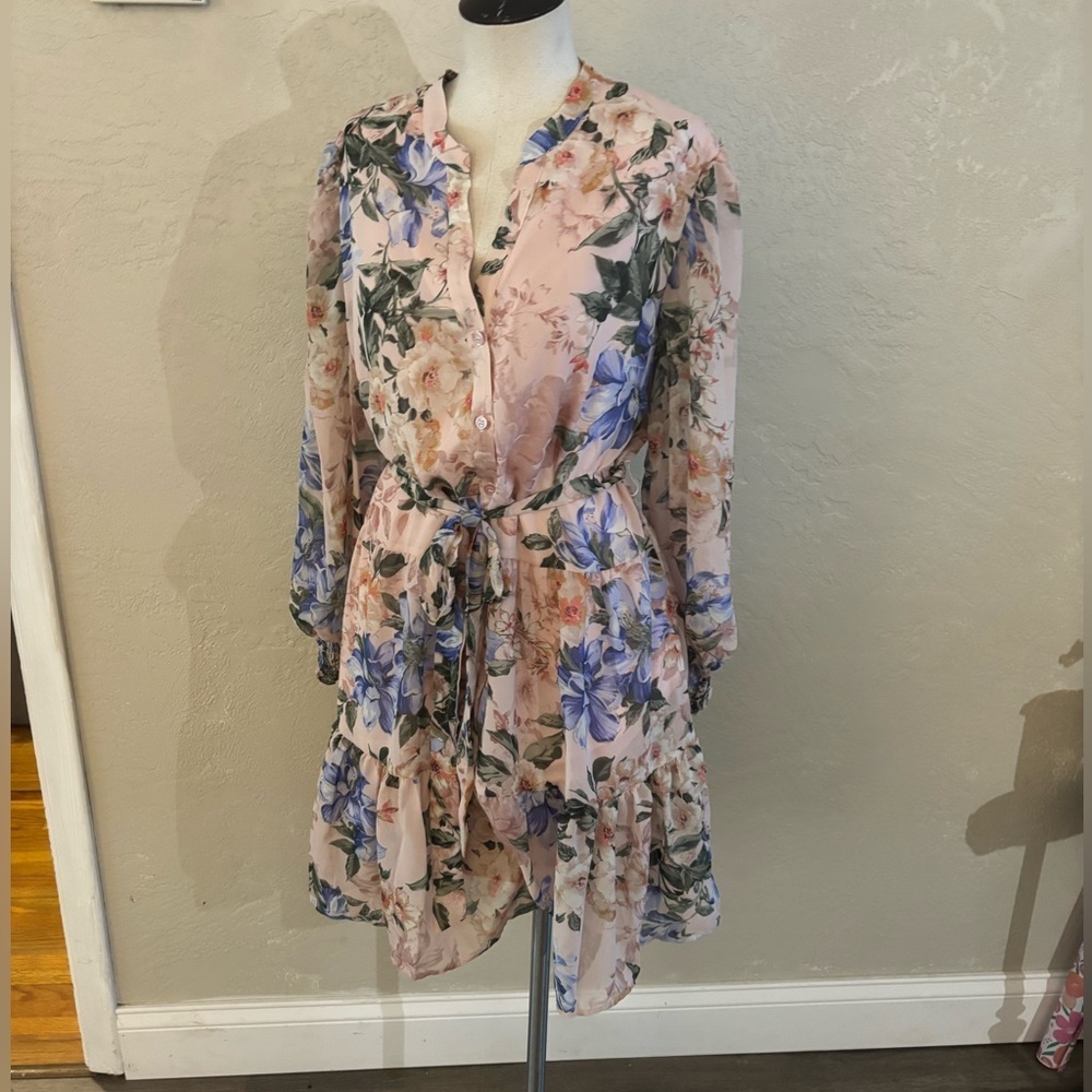 Isabel & Nina Floral Tie-Waist Chiffon Dress in Blush and Blue Sz XL NWT